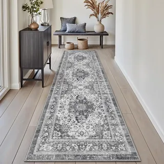 DEXI Läufer Flur Teppich 60 x 210 cm, Küchenläufer Lange waschbar rutschfest, Schmutz & Wasser Aufnehmen Dünne Vintage Teppichläufer für Hauseingänge, Küche, Waschküche, Grau