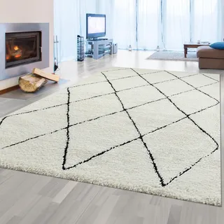 Teppich-Traum Hochflor Teppich Rund Skandi-Rauten Weiß Schwarz Ø 120 cm | Weich und pflegeleicht, strapazierfähig, seitlich gekettelt und OEKO-TEX geprüft, für Wohnzimmer & Schlafzimmer