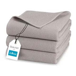 ZOLLNER 3er Set Duschtücher in 70x140 cm - langlebige Handtücher in grau - mit praktischem Aufhänger - Zeitloses Waffelmuster - waschbar bis 95°C - Baumwolle - Hotelqualität