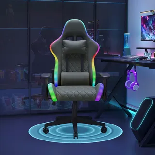 UnboxG RGB Gamingstuhl mit LED-Farbwechsel, 2D-Armlehnen & 90–135° verstellbarer Rückenlehne, ergonomischer Bürostuhl mit Nackenkissen - Schwarz