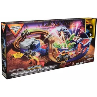Spin Master Monster Jam , Supercharge Speedway Spielset, mit den Trucks Megalodon und El Toro Loco im Maßstab 1:64, actiongeladene motorisierte Stunt-Strecke mit Rampen, Beleuchtung und viel Zubehör, ab 3 Jahren, Monstertruck- & Schienen-Set, 5 Jahr(e), Metall, 