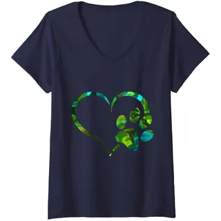 Damen Hundepfoten-Herz für Hundeliebhaber, Grün/Blaugrün/Gelb T-Shirt mit V-Ausschnitt, Marineblau, L