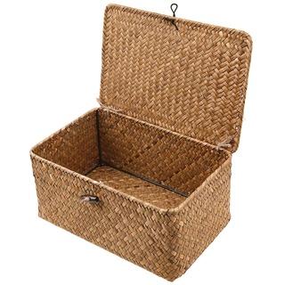 Aufbewahrungskorb mit Deckel, Aufbewahrungskorb Geflochten Handgewebte Aufbewahrungsbox Natürliche Rattan Mehrzweckkörbe Badezimmer Küche Home Organizer(XXL: 36 x 23 x 17 cm)