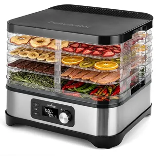 LEHMANN Dörrautomat Edelstahl, Dörrgerät mit 5 höhenverstellbaren Dörrtabletts, Temperaturregelung 35-70°C, BPA-frei, 24h-Timer, Obsttrockner für Pilze, Früchte, Fleisch, Gemüse