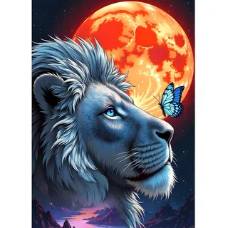 QINRUBB DIY Löwe und Schmetterling Diamant Painting Bilder Anfänger, 5D Blutmond Diamond Painting Erwachsene, Runder Vollbohrer Fantasie Diamant Kunst Kits Kreuzstich Home Wand Dekor 30x40 cm
