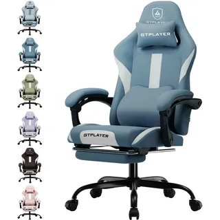 GTPLAYER Gaming Stuhl Ergonomischer Gaming Sessel Schreibtischstuhl mit Stoffoberfläche Atmungsaktiver Bürostuhl Federsitzkissen mit Fußstütze Blau - Blau