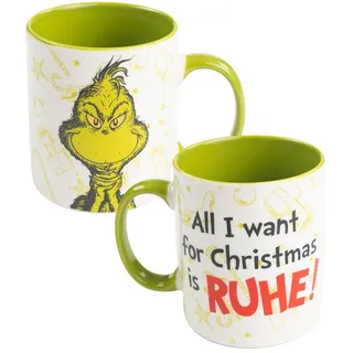 UNITED LABELS Grinch Tasse 320 ml, Grün Weiß, Kaffeebecher All I want for Christmas is Ruhe, Kaffeetasse aus Keramik, Weihnachtstasse