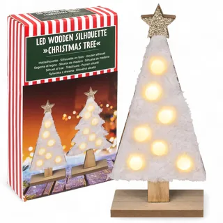 MIJOMA LED Weihnachtsbaum aus Holz – 2 Designs: Slim & Classic – mit weißem Kunstfell & warmweißen Lichtern – batteriebetrieben – ca. 10x25cm Deko für Weihnachten (Slim)