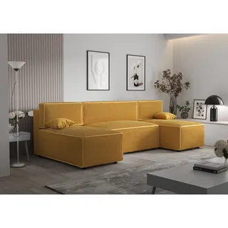 Ecksofa Alvito U, Farbe: Honiggelb. Material: Kord. A: B: 290 cm,H: 85 cm,Tiefe: 105 cm, Eckcouch, Schlafcouch, Sofa bed, Schlafsofa - Gelb