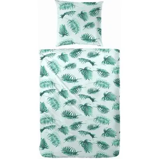 Hahn Baumwoll Baumwoll-Seersucker Blätter Blau Weiß Grün, 135 x 200 cm + 80 x 80 cm Türkis - Türkis