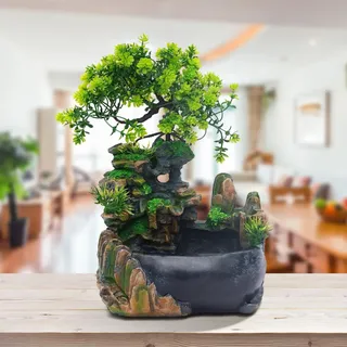 Zimmerbrunnen Wasserfall - Tischbrunnen - Klein und kompakt - Pflanzenbrunnen - Für Wohnzimmer, Büro, Café - Kunstharz - Grün