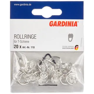 GARDINIA Rollringe für Vorhangschienen/T-Schienen, T-Rollring, Metall/Kunststoff, Silber/Transparent, 20 Stück