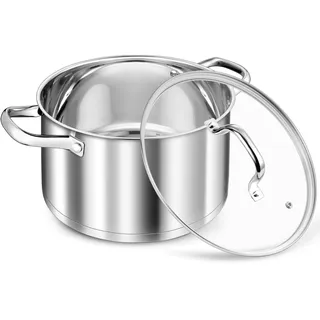TEAMFAR Kochtopf 24cm, 5,7L Groß Edeastahl Topf Nudeltopf Induktion mit 3-Lagen Boden für alle Herdarten, Suppentopf Fleischtopf mit Glasdeckel, Unbeschichtet & Ungiftig, Spülmaschinenfest