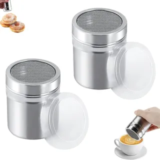 Edelstahl Streuer,2 Stück Puderzuckerstreuer mit Deckel,Kakaostreuer,Staubzuckerstreuer,Streuer Puder Schablone Shaker,Puderzucker Sieb Mehlstreuer für Kakao,Kaffee,Schokolade,Zucker,Salz,Mehl