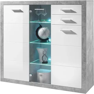 HBZ Highboard STONE Weiß Hochglanz Wohnzimmerschrank mit Schubladen und LED-Beleuchtung - 137 x 134 x 37 cm (B/H/T)