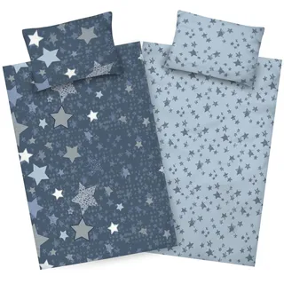 Aminata kids Biber Kinderbettwäsche 100x135 Sterne Mädchen Jungen blau Baumwolle mit YKK Reißverschluss Kinder-Wende-Bettwäsche-Set Stern-Motiv