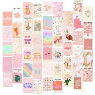 fardes Wanddeko Aesthetic Wand Bilders Poster Set, Bilderwand Set, 50 Stück Fotowand for Zimmer Deko Rosa, Danish Pastel Deko Schlafzimmer Bilder, Coole Sachen für Teenager Mädchen, Aesthetic Cute Room Decor