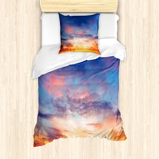ABAKUHAUS Landschaft Mantele, Sonnenuntergang Wolkengebilde Himmel, Milbensicher Allergiker geeignet mit Kissenbezügen, 135 cm x 200 cm - 80 x 80 cm, Orange Blue - Orange