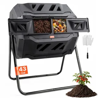 Vevor Tumbling-Komposterbin Komposter Tumbler 162,7 L, Trommelkomposter Drehbar Doppelraum Tumbling Komposter 735 x 625 x 955 mm, 50 kg Belastbarer Garten Kompostbehälter inkl. Handschuhe