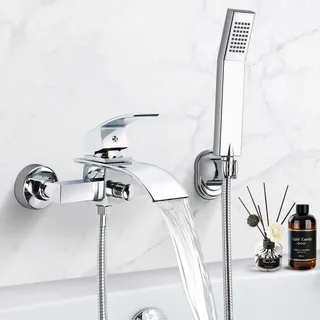 Hausharbor Badewannenarmatur mit Brause, Wannenarmatur Chrom | Mischbatterie Badewanne mit Druckschalter,Armatur Badewanne H59 Messing,Armatur Badewanne Dusche mit Handbrausehalter(Square)