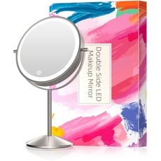 Wiederaufladbarer Kosmetikspiegel mit Beleuchtung, Doppelseitiger Schminkspiegel mit 1X/10X Vergrößerung, 3 Farben Beleuchtung, Dimmbarer und Touchschalter, 360°Drehung, USB Aufladen Makeup Spiegel