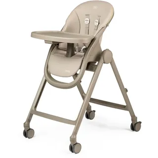 PEG Living Hochstuhl ab Geburt, Zeitgemäßes Design, Liegefunktion, Höhenverstellbar, Doppelttablett, 4 Räder 360°, Kompakte Faltung, 0–3 Jahre (0–15 kg), Space Sand