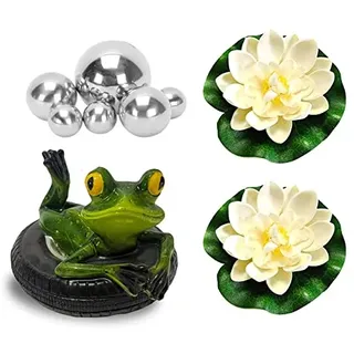 Set mit 9 Miniteich Deko Set Schwimmfrosch mit für Miniteich Terrassenteich Zinkwannen Solarbrunnen Garten Balkon Teiche Deko(1 Rückenschwimmen Frosch、6 Schwimmkugeln und 2 Schwimmend Lotusblüte)