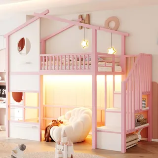 Hochbett 90 × 200 cm mit LED-Lichtband, Stauraumtreppe, hohem Seitengitter und Haus-Design, Eisenrohr, Weiß/Rosa - Rosa