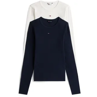 Tommy Hilfiger Tommy Jeans Damen 2er Pack Langarmshirts Slim Essential Rib Rundhalsausschnitt, Mehrfarbig (Ecru/Dark Night Navy), XS