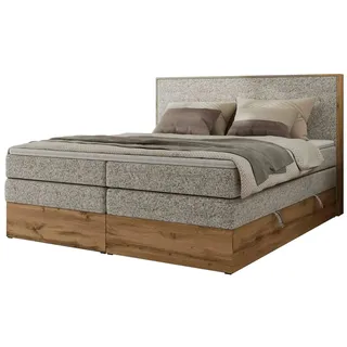 MKS Meble Boxspringbett WOOD CLASSIC KING, Doppelbett mit zwei Multipocket-Matratze und Toppper, hohe Kopfteil, Stauraum - 140 x 200 cm - H3 - Beige Struktur - Beige