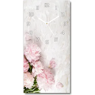 Wanduhr aus Glas – 30x60 cm - Glasbild - Glasuhr - Gehärtetes Glas -Marmor Pfingstrosen - Rosa