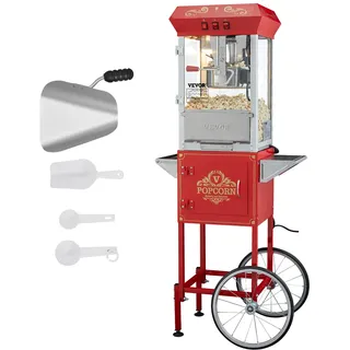 VEVOR Popcornmaschine Popcornautomat Popcorngerät mit Wagen 850 W Popcornmaschine 8 oz Kessel für 48 Tassen pro Ladung, Popcornmaschine mit gehärtetem Glas, inkl. 4 Schaufeln, Kino-Stil, rot