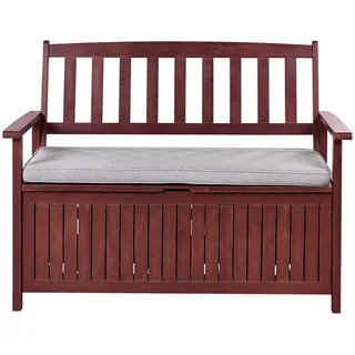 Beliani Gartenbank Akazienholz mahagonibraun mit Stauraum Auflage hellgrau 120 cm Sovana , Holz , 120x91x60 cm , Gartenmöbel, Gartenbänke