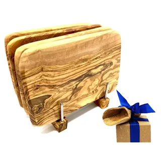 Frühstücksbrett OLIVENHOLZ-ERLEBEN "Bretterständer inkl. 4 Frühstücksbretter Olivenholz 22 x 14 cm", braun, B:13cm H:6,5cm L:18cm, Massivholz, Schneidebretter, Frühstücksbrett, platzsparende Aufbewahrung für bis zu 4 Brettchen an einem Ort