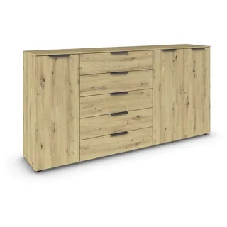 Rauch Möbel Flipp, Kommode für Schlafzimmer, Kinderzimmer, Wohnzimmer, Jugendzimmer, Flur, Garderobe, 3-türig, 5 Schubladen, mit Softclose-Funktion, Farbe Eiche Artisan, Holz, Breite 199 cm