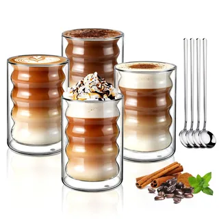 ecooe 350ml Doppelwandige Kaffeegläser Latte Macchiato Gläser 4er Set Einzigartige Spiralförmige Gläser, Doppelwandig Kaffeeglas Teegläser für Cappuccino,Tee, EIS, Milch, Geschenk für Frauen Freund/in