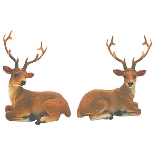 Detailgetreues 2er Set Hirsche, Deko-Rentiere, Deko-Rehe mit detailiertem Geweih, Rehfiguren, Rentierfiguren, liegende Hirsche aus Keramik in braun; Maße Einer Dekofigur Hirsch: L/B/H 8 x 5 x 10 cm.