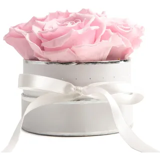 ROSEMARIE SCHULZ Heidelberg Rosenbox rund Infinity Rosen Rosa - Blumenbox in Weiß 4 konservierte Rosen haltbar 3 Jahre - Geschenke für Frauen und Geschenke für Mama (Small, Weiß-Rosa)