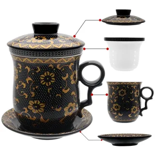 HOLLIHI Porzellan-Teetasse mit Deckel, Untersetzer und Teesieb, chinesische Jingdezhen-Keramiktasse für Kaffee oder zur Teezubereitung mit losen Blättern zu Hause oder im Büro