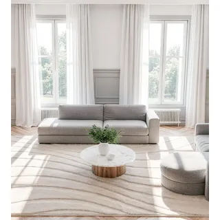 ROHATIM Wohnzimmer Teppich Beige 300x200 cm mit Relief-Struktur Wellen, Weicher Soft-Flanell, rutschfest, Waschbar & Faltbar, Großer Deko-Teppich für Lounge & Esszimmer