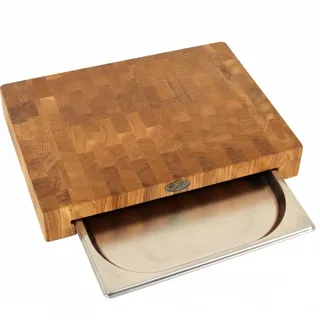 B4K® Stirnholz Schneidebrett Eiche 40×30×6 cm – Massiver Hirnholz Hackblock mit Auffangschale & Silikonfüßen – Antibakterielles Holz Schneidebrett für Fleisch, Brot, Gemüse