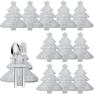Weihnachtliche Bestecktaschen, 12 Stück aus Filz, Grau, Tannenbaum-Design