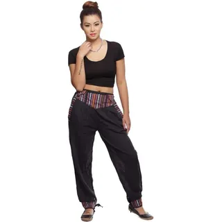 Haremshose Freizeithose Thamel  Stoffhose mit breitem gewebtem Bund für Damen, schwarz S/M - Schwarz