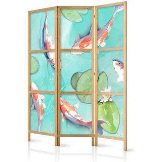 Muralo Paravent Japanischer 3-tlg 135x172 cm Blumen und Kois , Blau , Holz, Textil , Pinie , Wasser/Strand/Meer , Rechteckig , 135x172x3 cm , Wohnzimmer, Raumteiler, Paravents
