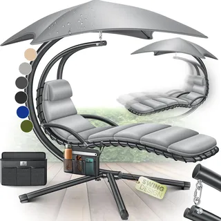 KESSER® Schwebeliege mit Sonnenschirm, Hängeliege , Sonnenliege H200, L194, B100 cm, Relaxliege, Schaukelliege Hängematte , bis 120 kg belastbar , Schaukelliege, Auflagen - Nackenkissen - Grau