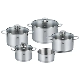 ELO 72596 Topfset Galant 5-tlg, Edelstahl Silber, Volumenskala, Integriertes Öl-Dosiersystem (Öl Optimizer), stoßfeste Glasdeckel