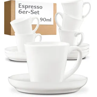 Cosumy Espressotassen Set 6er Weiß mit Untertassen - Keramik - Hält Lange Warm - Mokkatassen Stapelbar Spülmaschinenfest - Espresso Tassen mit Henkel - Geschenkbox - Espressobecher Design - 70ml
