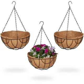 Relaxdays Blumenampel 3er Set, Kokoseinlage, HxD: 50x31 cm, Hängepflanzen, innen & außen, Metallgestell, braun/schwarz