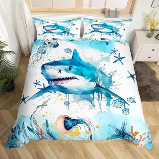 Loussiesd Hai Bettwäsche Set 135x200cm Hai Fische Bettbezug Set für Kinder Ozean Marine Thema Betten Set Wild Tier im Meer Bettdeckenbezug Atmungsaktiv Bettwäsche Sammlung 2Stück