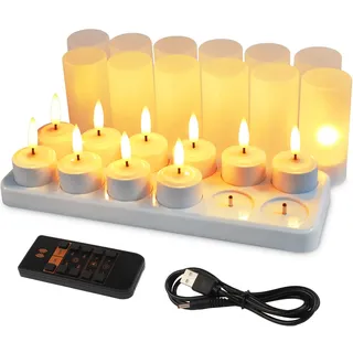 EuroFone 12 Stück 3D Led kerzen,Wiederaufladbare LED Teelichter mit Fernbedienung Timer Flackern gelbes Licht Dimmbar Kerzen mit 3A-Adapter